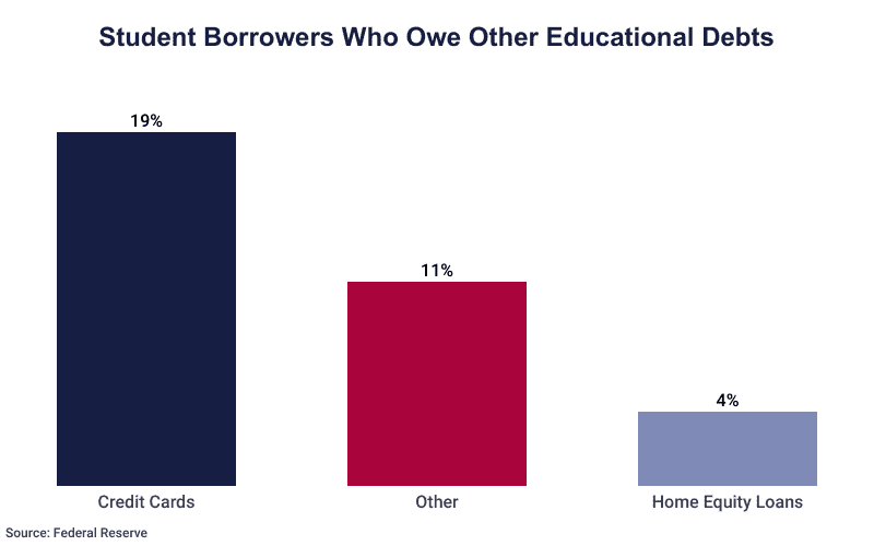 Bar Graph: Student Borrowers Who Owe Other Educational Debts; 19% credit cards, 11% other, 4% home equity loans
