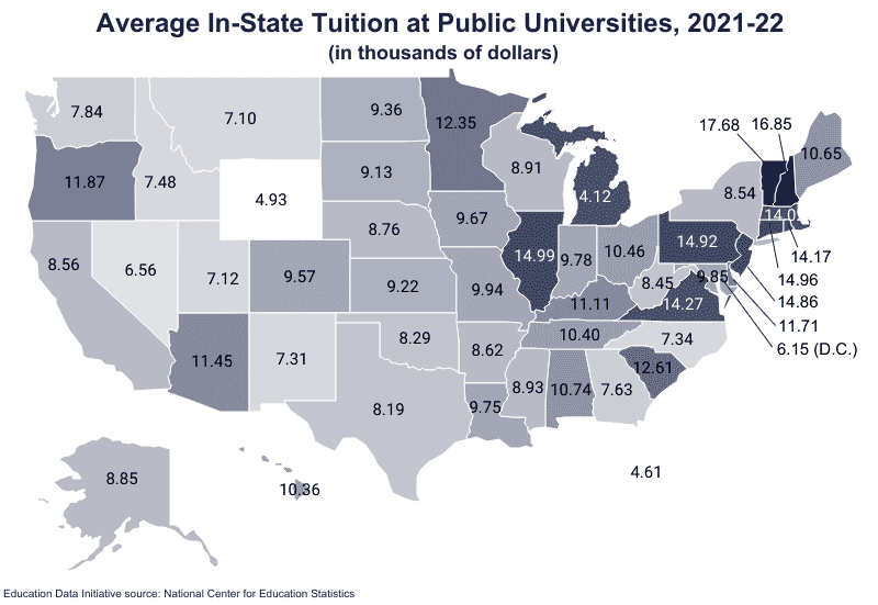 National Map: Average In-State Tuition at Public Universities, 2021-22, in thousands of dollars according to NCES
