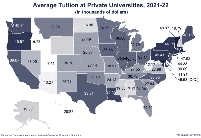 National Map: Average In-State Tuition at Private Universities, 2021-22, in thousands of dollars according to NCES